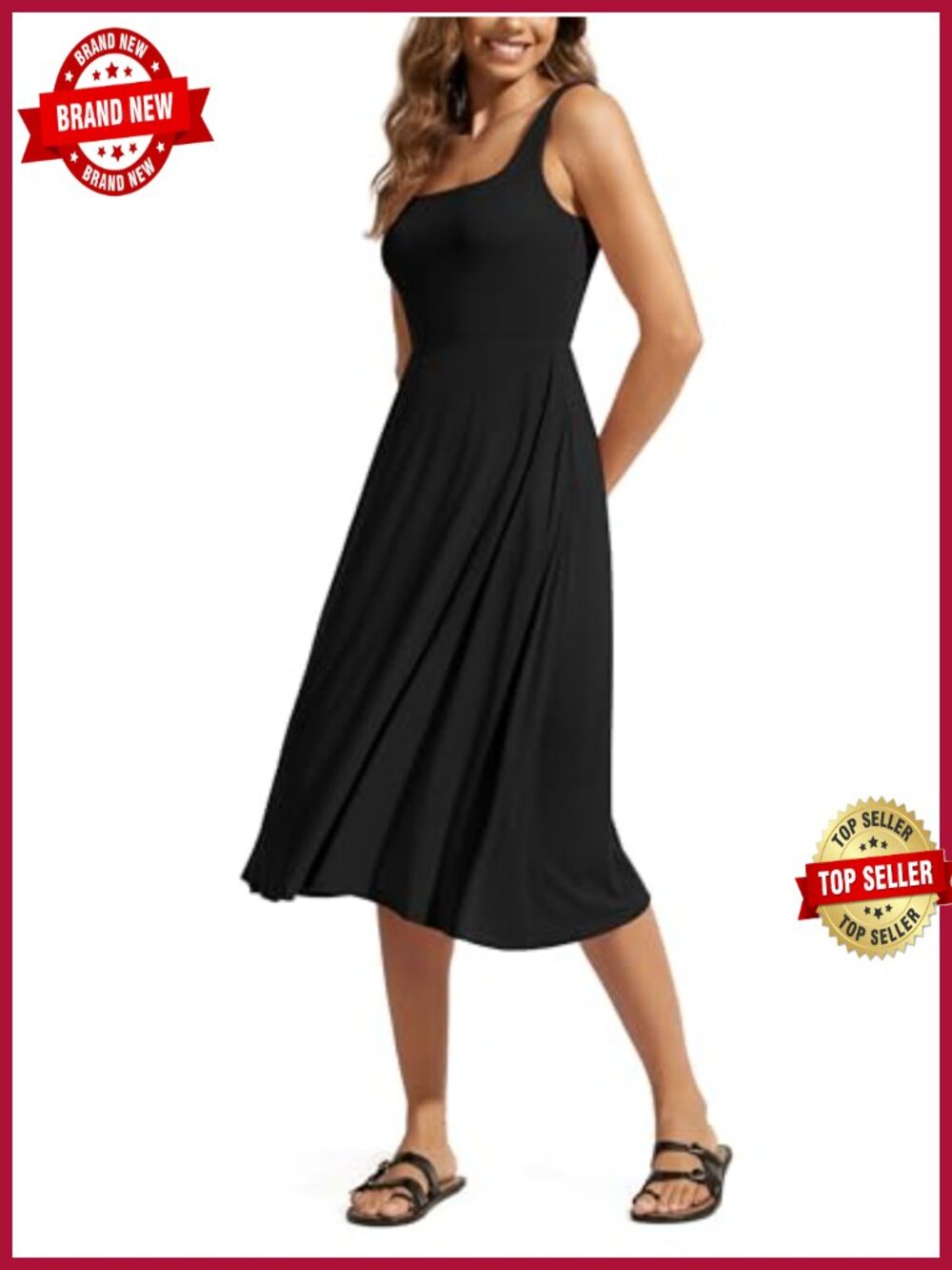 Square Neck Midi Dress with Pockets Women Sleeveless Flare Sundress